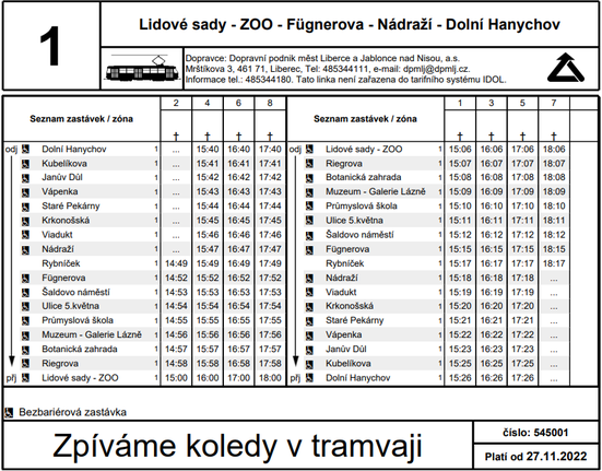 Jízdní řád zpívající tramvaje na lince 1 v Liberci pro první adventní neděli 27. listopadu 2022