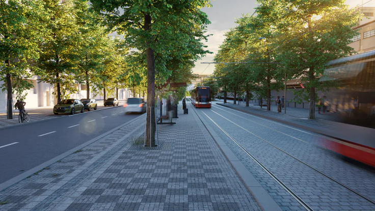 Vizualizace: Nová tramvajová trať Olšanská – Habrová, zastávka Nový Žižkov