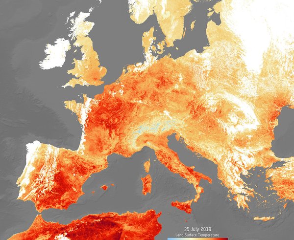 Teplotní mapa Evropy z 25. července 2019