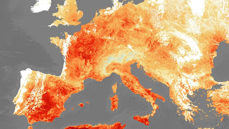 Teplotní mapa Evropy z 25. července 2019