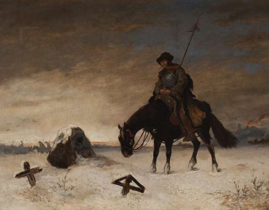 Malba U hrobu božího bojovníka (1877) od Mikoláše Aleše