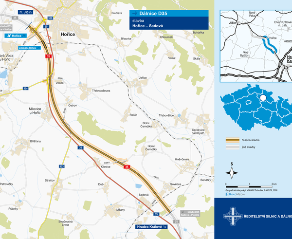 Plán výstavby dálničního úseku D35 mezi Hořicemi a Sadovou.