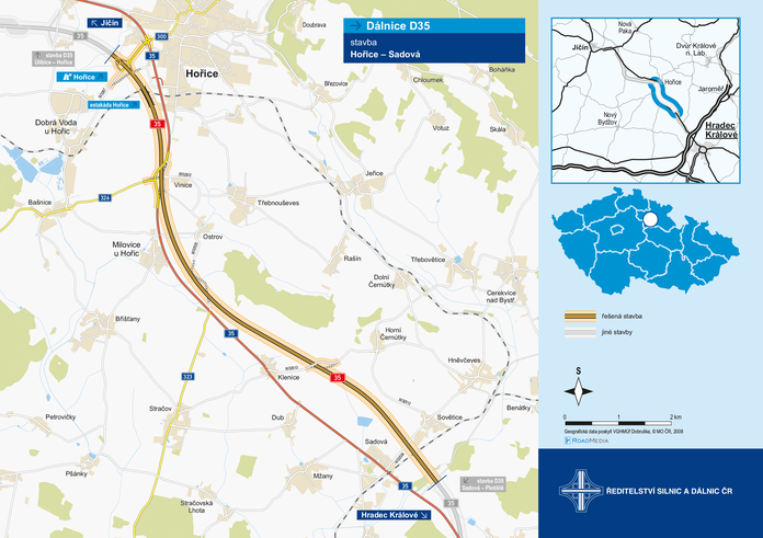 Plán výstavby dálničního úseku D35 mezi Hořicemi a Sadovou.
