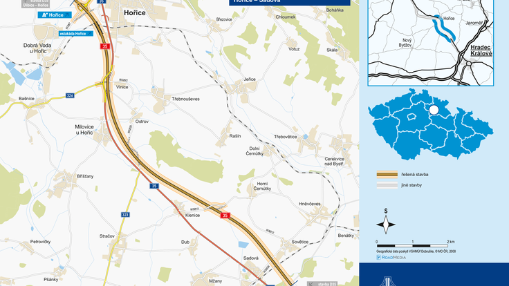 Plán výstavby dálničního úseku D35 mezi Hořicemi a Sadovou.