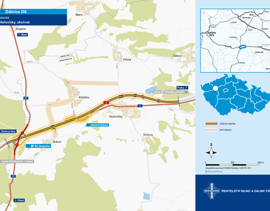 Mapa úseku dálnice D6 u obce Hořovičky.