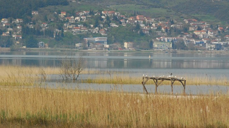 Jezero Doiran, které tvoří hranici mezi Řeckem a Severní Makedonií.