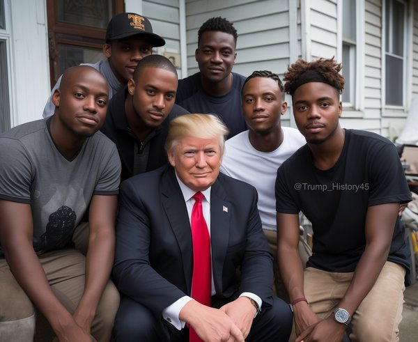 Obrázek vygenerovaný AI s Donaldem Trumpem a Afroameričany