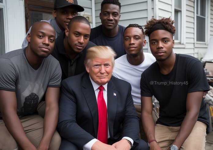 Obrázek vygenerovaný AI s Donaldem Trumpem a Afroameričany