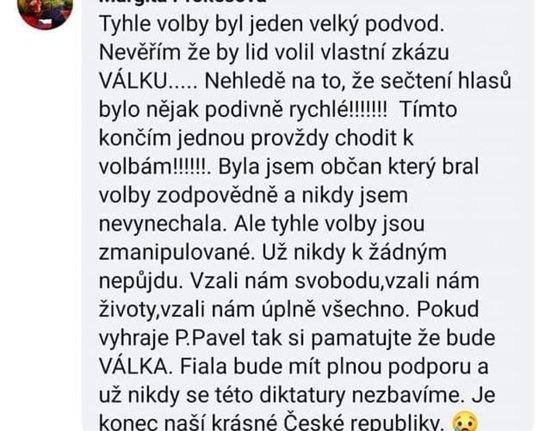 Příspěvek na sociálních sítích, který upozorňuje na "rychlé sečtení hlasů a zmanipulovaný volební systém"