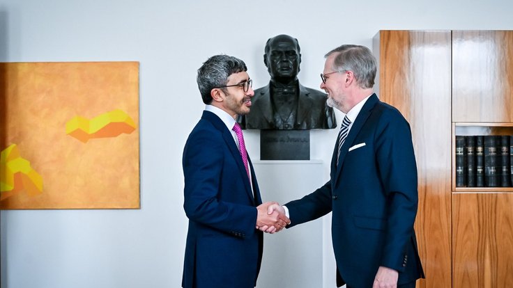 Premiér Petr Fiala s ministrem zahraničí Spojených arabských emirátů Al Nahajánem