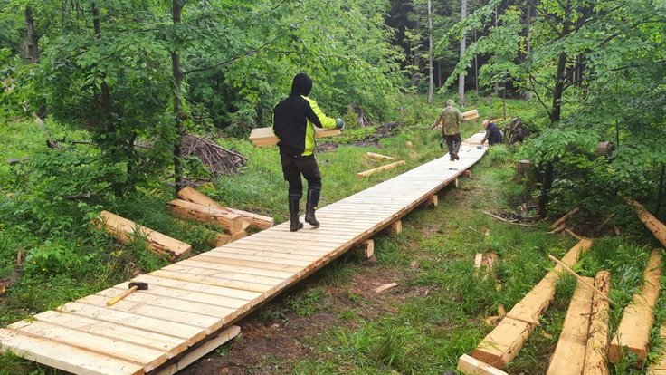 Stavba nového dřevěného povalového chodníku na náhradní trase k Boubínskému jezírku.