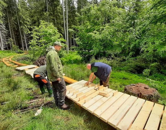 Stavba nového dřevěného povalového chodníku na náhradní trase k Boubínskému jezírku.