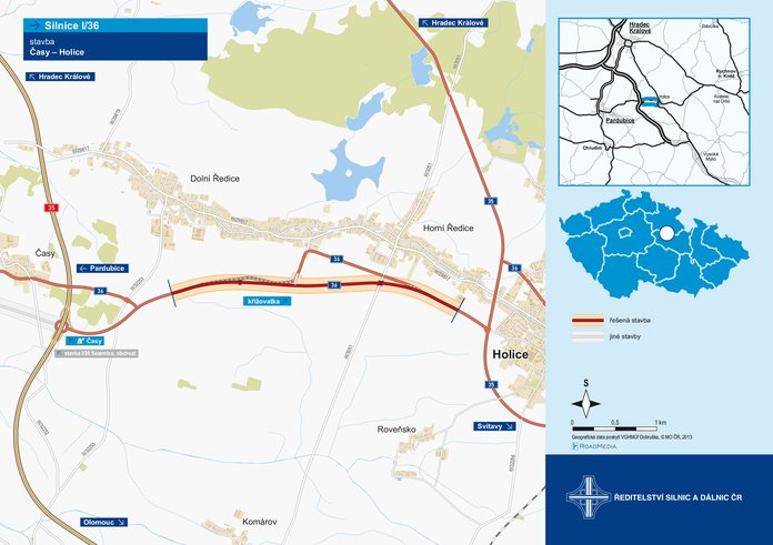 Mapa zprovozněné přeložky na silnici l/36 Časy – Holice