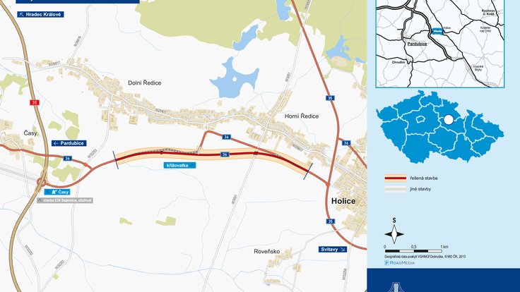 Mapa zprovozněné přeložky na silnici l/36 Časy – Holice