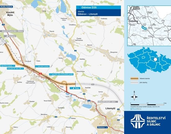 Mapa úseku dálnice D35 Džbánov - Litomyšl