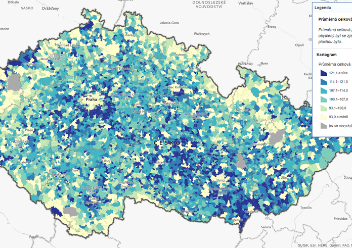 Průměrná velikost bytů vyobrazena v geoportálu ČSÚ