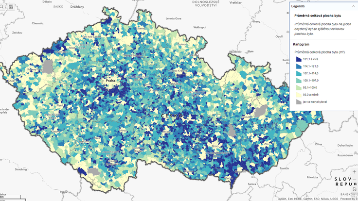 Průměrná velikost bytů vyobrazena v geoportálu ČSÚ