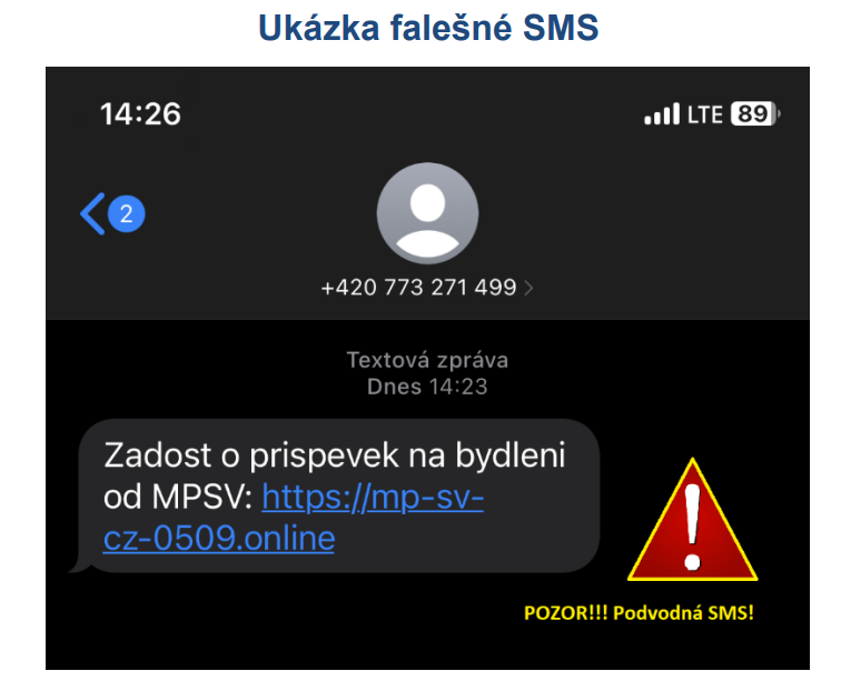 Ukázka falešné SMS