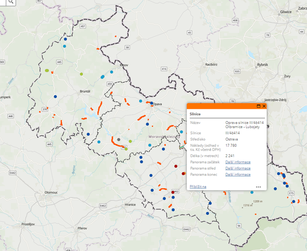 Podoba nové aplikace s opravami silnic Moravskoslezského kraje