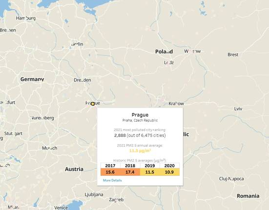 Čistota ovzduší ve městech (IQAIR interaktivní mapa)
