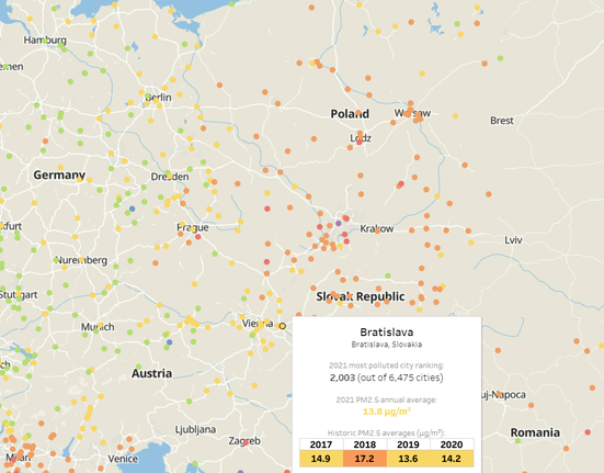 Čistota ovzduší ve městech (IQAIR interaktivní mapa)