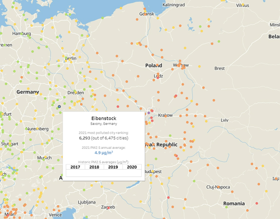 Čistota ovzduší ve městech (IQAIR interaktivní mapa)