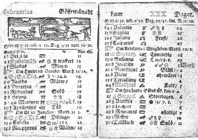 List švédského kalendáře z roku 1712 s datem 30. února.