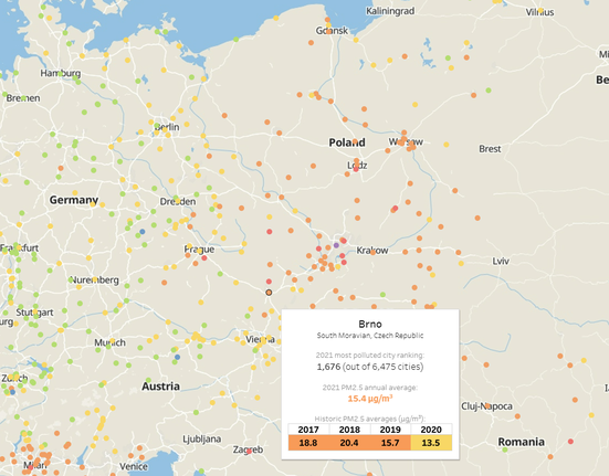 Čistota ovzduší ve městech (IQAIR interaktivní mapa)