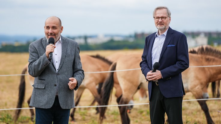 Premiér Petr Fiala a ředitel pražské zoo Miroslav Bobek při křtu hříběte.