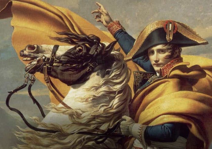 Vyobrazení Napoleona na slavném obrazu Napoleon při přechodu Alp od malíře Jacquese-Louise Davida