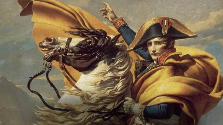 Vyobrazení Napoleona na slavném obrazu Napoleon při přechodu Alp od malíře Jacquese-Louise Davida