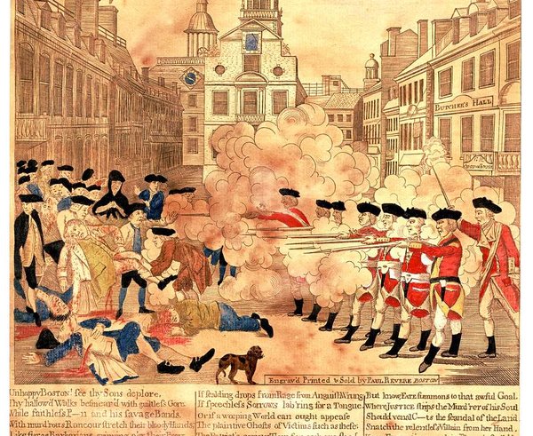 Vyobrazení Bostonského masakru od Paula Revera z roku 1770.