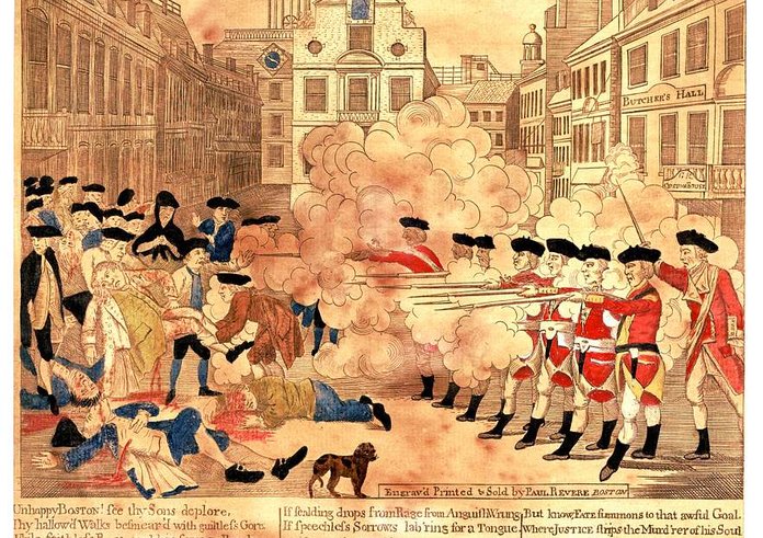 Vyobrazení Bostonského masakru od Paula Revera z roku 1770.