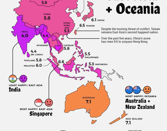 Nejšťastnější státy Asie podle World Happiness Report 2023.