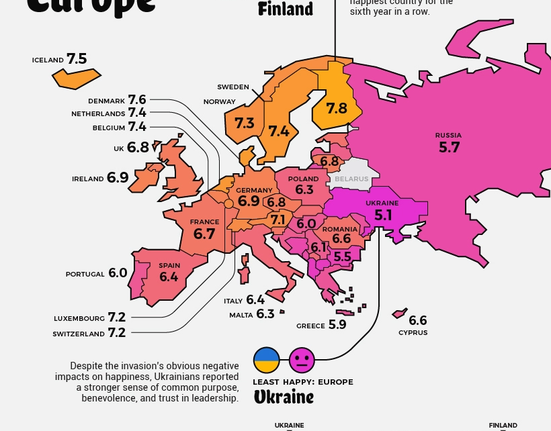 Nejšťastnější státy Evropy podle World Happiness Report 2023.