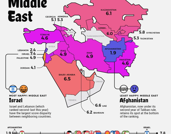 Nejšťastnější státy Asie podle World Happiness Report 2023.