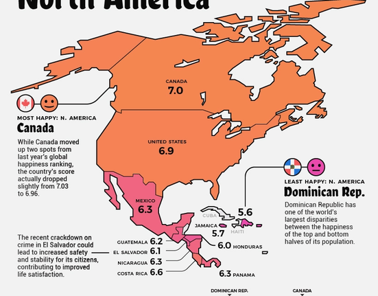 Nejšťastnější státy Severní Ameriky podle World Happiness Report 2023.