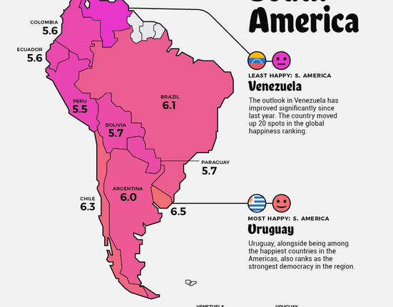 Nejšťastnější státy Jižní Ameriky podle World Happiness Report 2023.