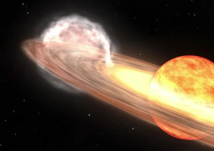 Vizualizace kosmické exploze bílého trpaslíka poblíž červeného obra.