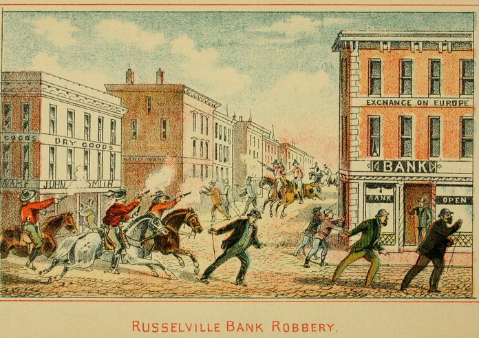 Výjev z bankovní loupeže Jesseho Jamese a jeho gangu v roce 1868