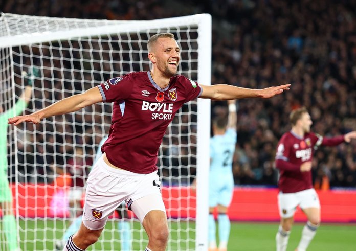 Tomáš Souček slaví svůj 38. gól v Premier League.