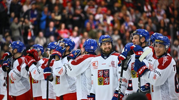 Čeští hokejisté se radují po výhře nad Finy.