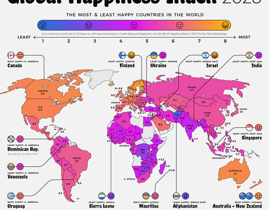 Nejšťastnější země světa podle World Happiness Report 2023.